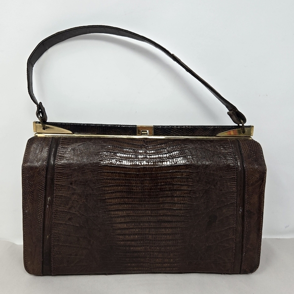 Womens Vintage Purse 1950's Dark Brown Exotic Repile Skin Arm Handbag Gold Tone - Picture 5 of 15